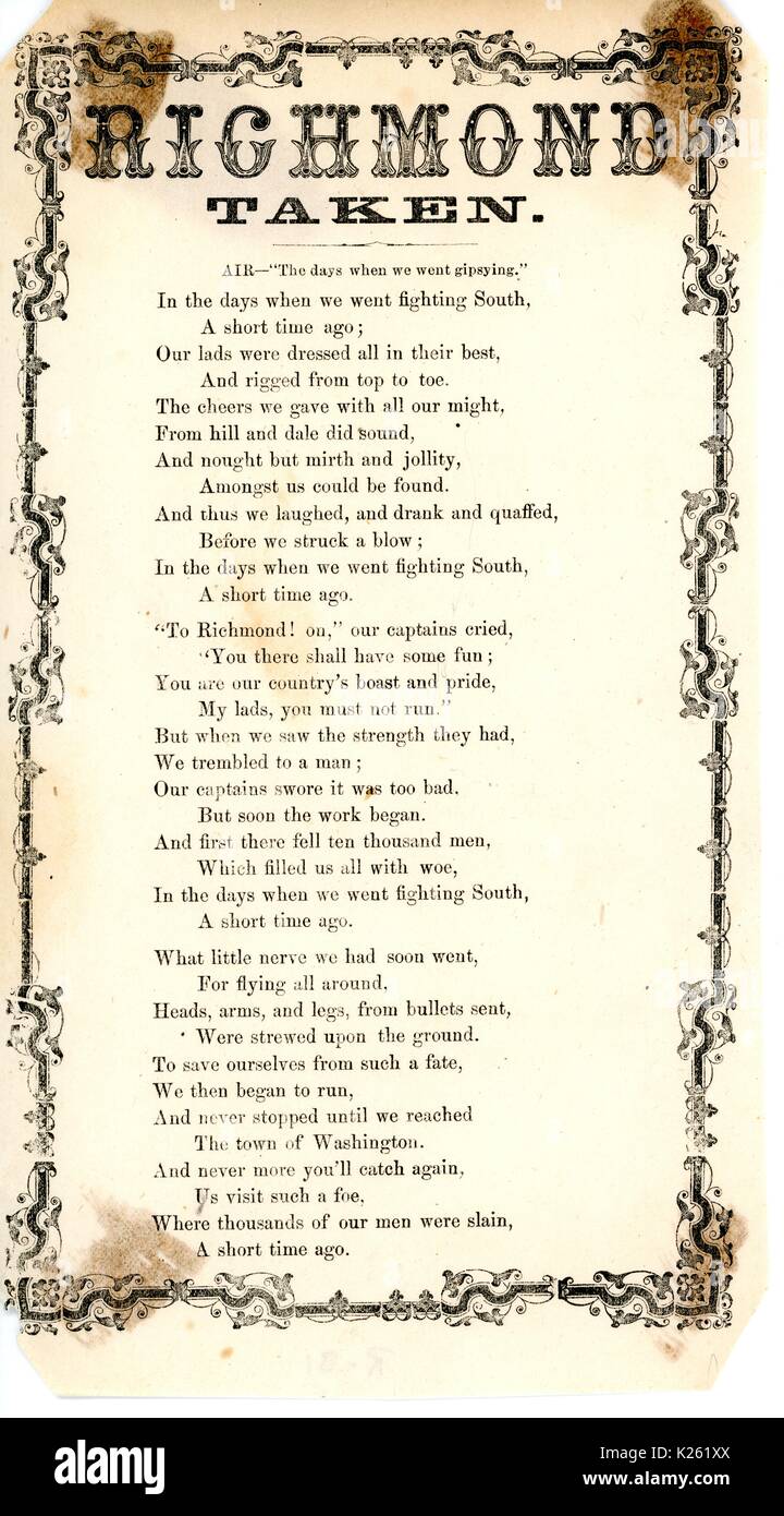 Breitseite aus dem amerikanischen Bürgerkrieg, der den Titel "Richmond genommen", Ausdruck der Verlust der Konföderierten Hauptstadt Richmond und der Soldaten zum Rückzug zu Washington, 1863. Stockfoto