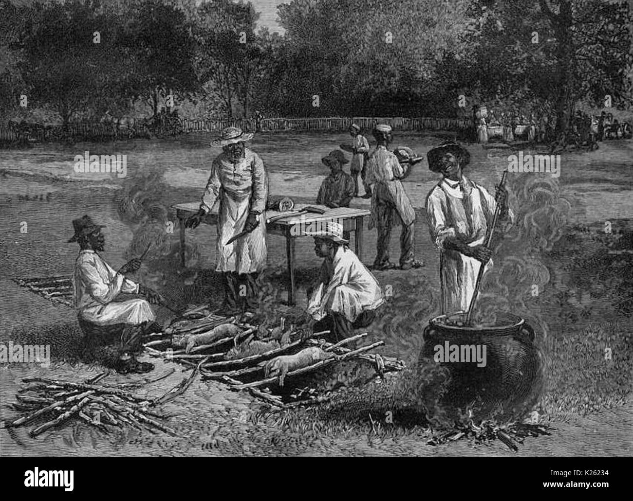 Ein 1887 Darstellung des südlichen Stil Schwein braten. Die Praxis unterscheidet sich nicht wesentlich vom heutigen Tag Methoden. 887 Stockfoto