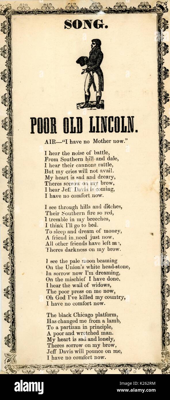 Breitseite aus dem amerikanischen Bürgerkrieg, der den Titel "armen alten Lincoln' vorstellen, Abraham Lincoln's Gefühle der Angst und Niederlage angesichts der Konföderierten lösen, 1861. Stockfoto