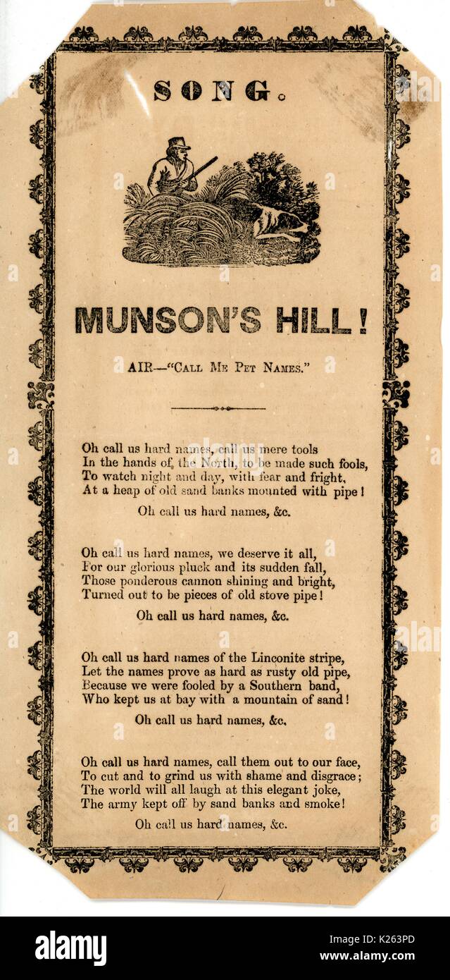 Breitseite aus dem amerikanischen Bürgerkrieg, mit dem Titel "Bin unson Hill!", mokiert sich über die Union Anstrengungen für die Konföderierten an Munson Hill, 1861 betrogen wird. Stockfoto