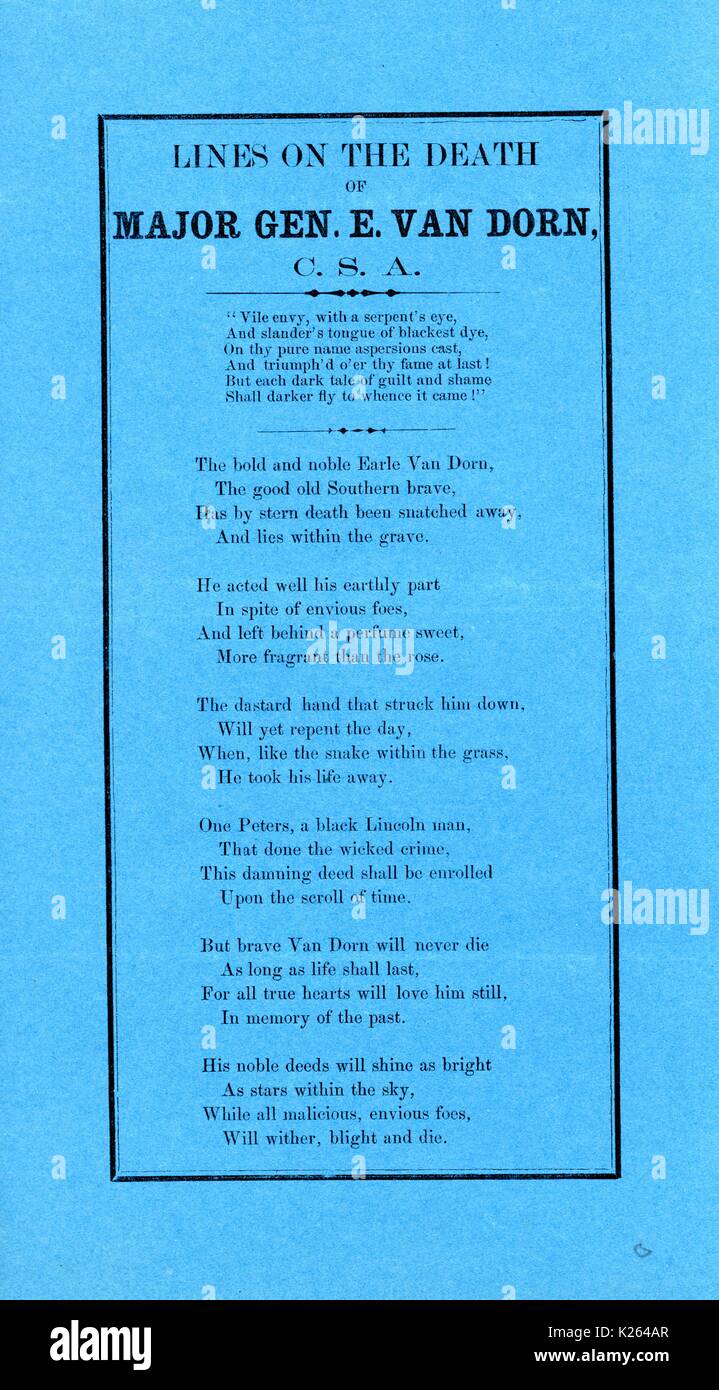 Breitseite aus dem amerikanischen Bürgerkrieg, der den Titel "Linien auf den Tod des Großen Gen. E. Van Dorn", in Erinnerung an Earl Van Dorn und in seinem Tod Trauer, 1863. Stockfoto