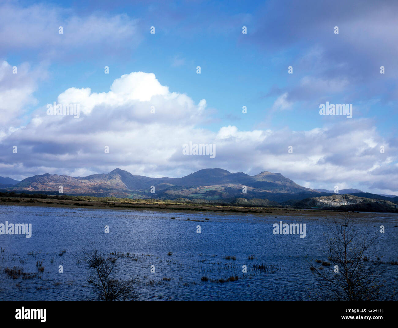 Moelwyn-Berge und Blick über die überfluteten Mündung des The Afon Glaslyn vom Maiskolben an Porthmadog Snowdonia Wales Cnicht Stockfoto