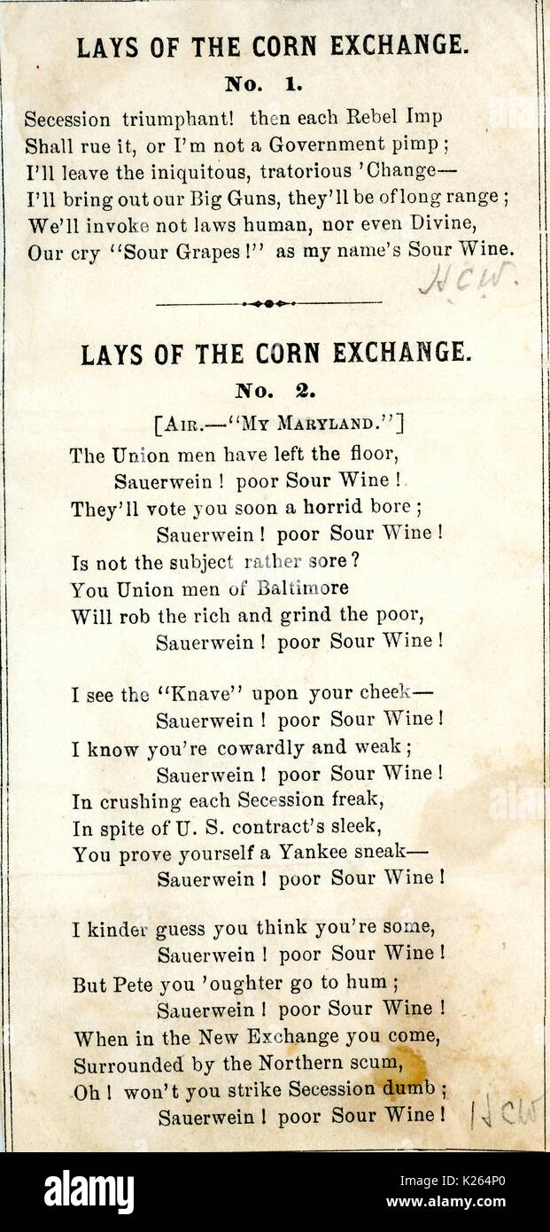 Breitseite aus dem amerikanischen Bürgerkrieg, der den Titel "Legt der Corn Exchange", Beleidigungen, Union Anhänger und Soldaten, 1861. Stockfoto