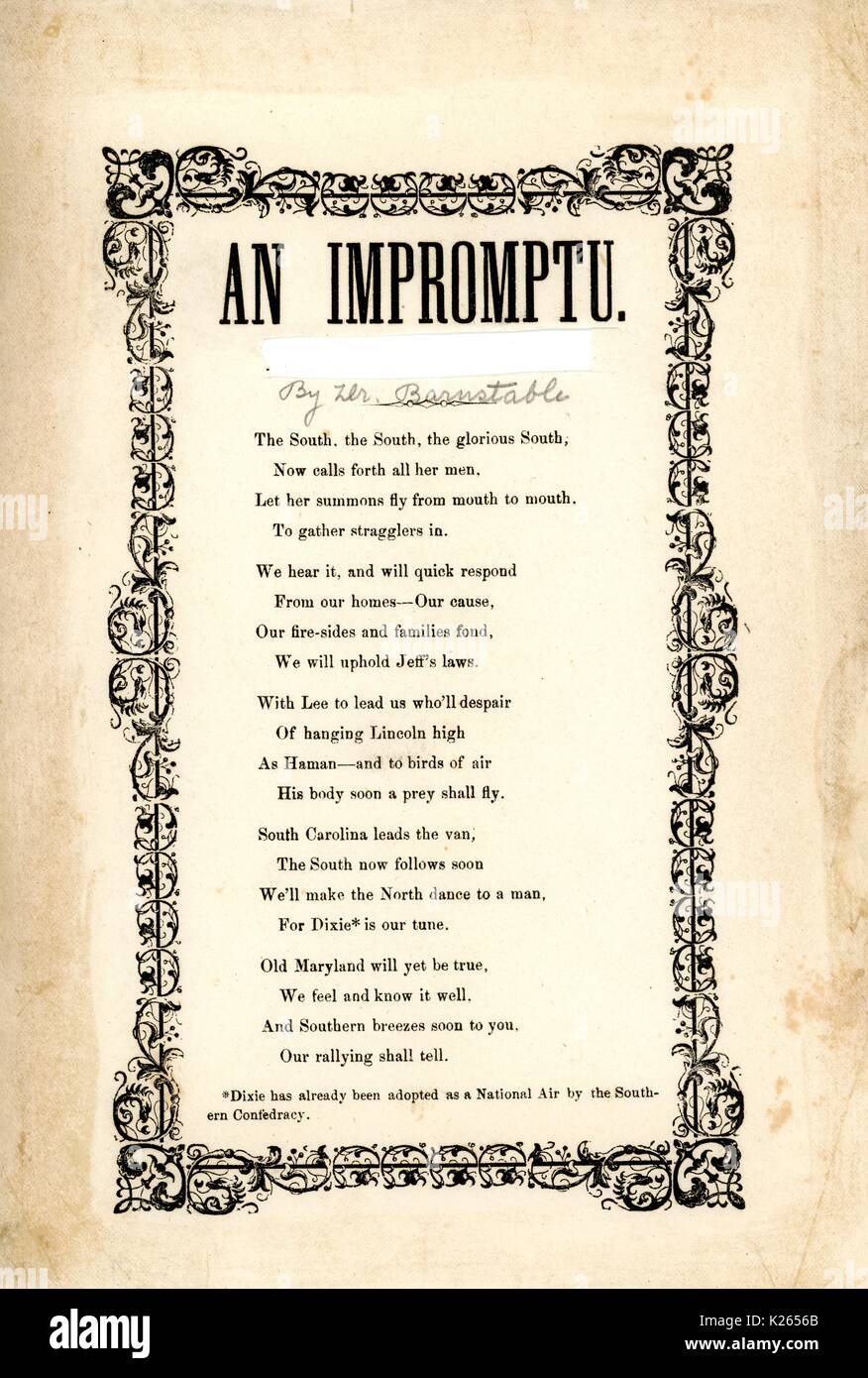 Breitseite aus dem amerikanischen Bürgerkrieg, der den Titel "Eine improvisierte', ein Sammelpunkt für die Konföderation, 1861. Stockfoto