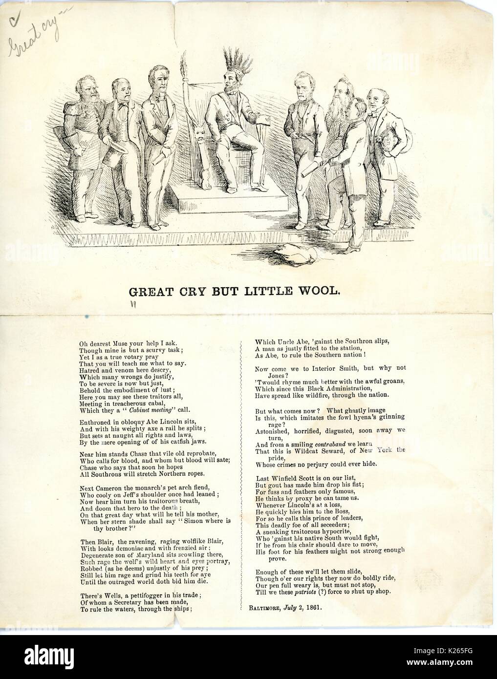 Breitseite aus dem Amerikanischen Bürgerkrieg mit dem Titel "Großes Geschrei aber wenig Wolle', abschätzig Präsident Lincoln's Administration, Baltimore, Maryland. 1861. Stockfoto