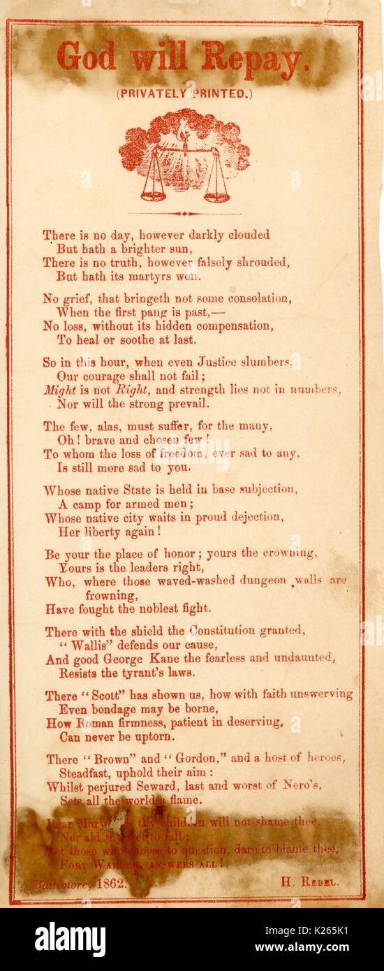 Breitseite aus dem Amerikanischen Bürgerkrieg mit dem Titel "Wird Gott Vergelten", beklagt den Verlust der Konföderierten Soldaten und Förderung der Confederate States Army, Baltimore, Maryland. 1862. Stockfoto