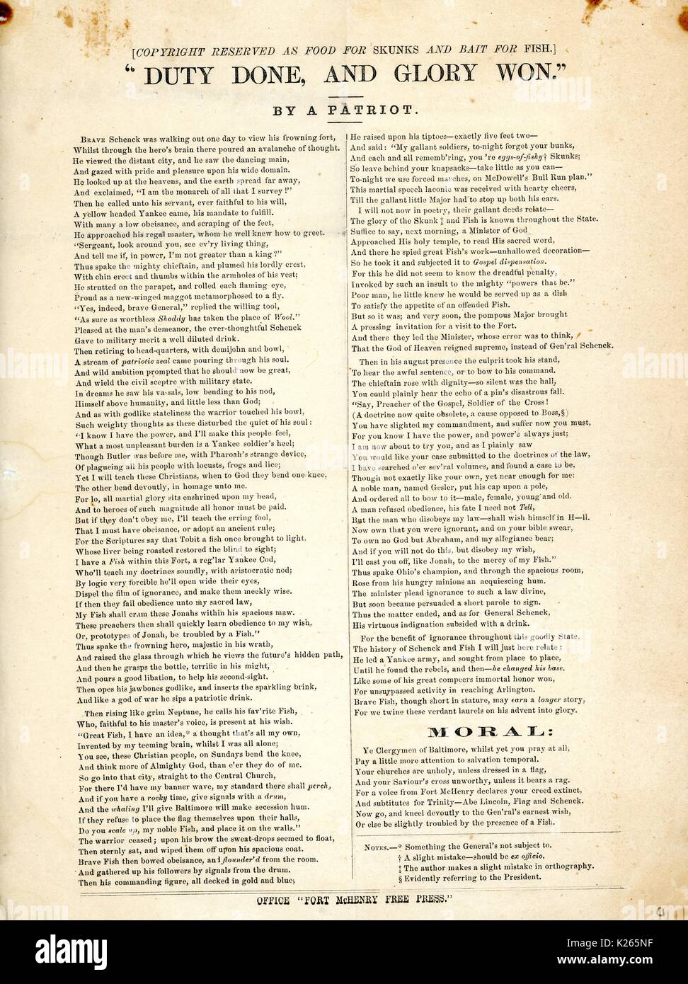 Breitseite aus dem Amerikanischen Bürgerkrieg mit dem Titel "Pflicht und Ehre gewonnen', die auf der heiligen Schrift seine Ursache, Baltimore, Maryland zu verherrlichen. 1863. Stockfoto