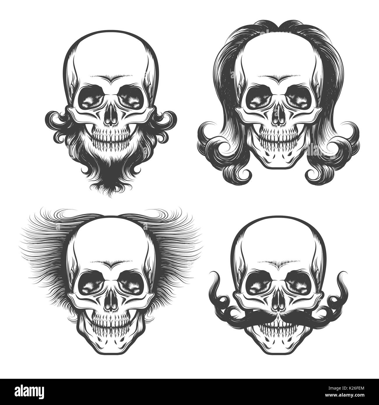 Satz von Schädeln mit verschiedenen Frisur, Bart und Schnurrbart. Vector Illustration in Tattoo Art gezeichnet Stock Vektor