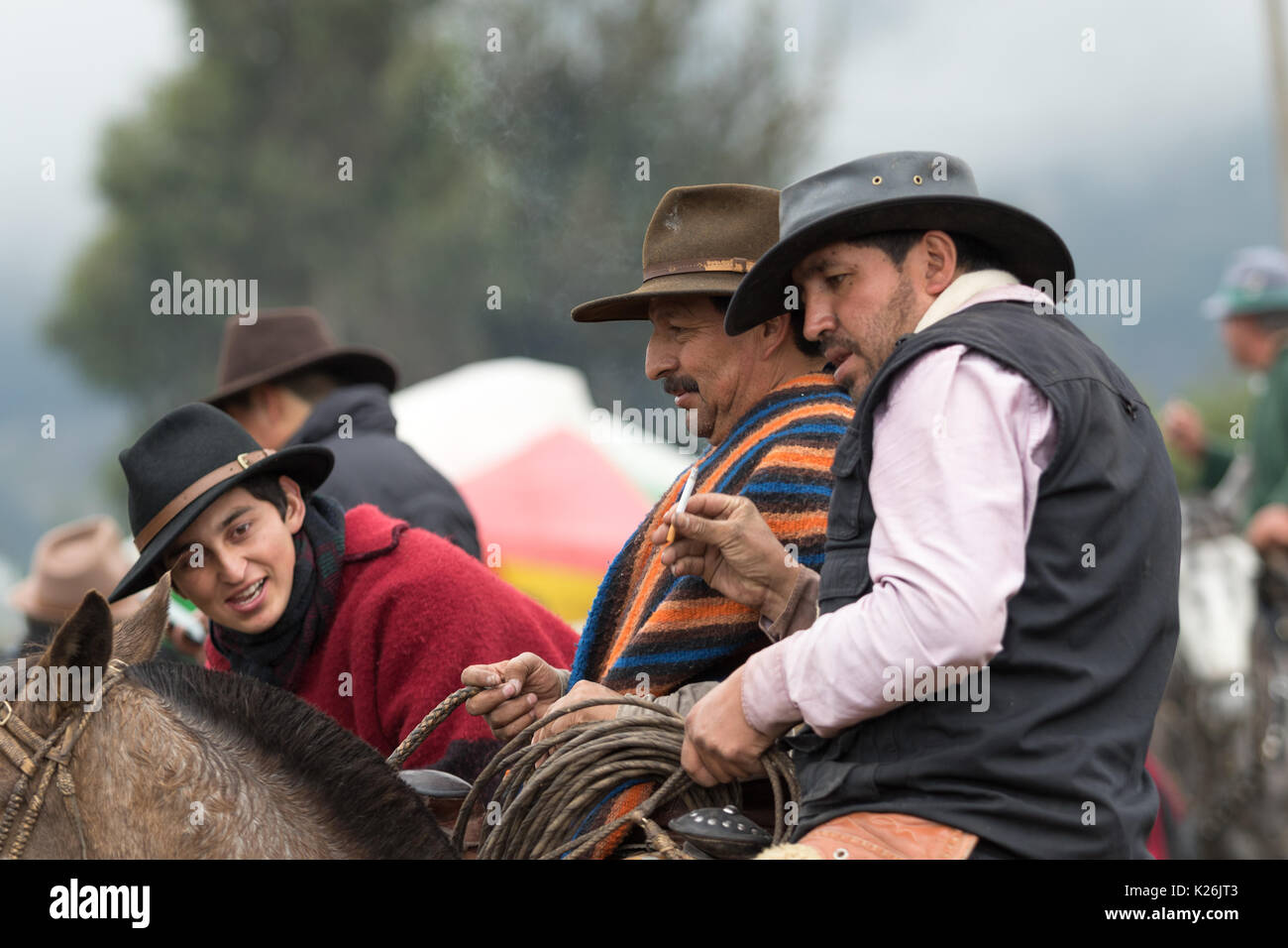 Juni 10, 2017 Toacazo, Ecuador: Cowboys auf ihr Pferd in einer Rede vor ländlichen Rodeo in den Anden Stockfoto