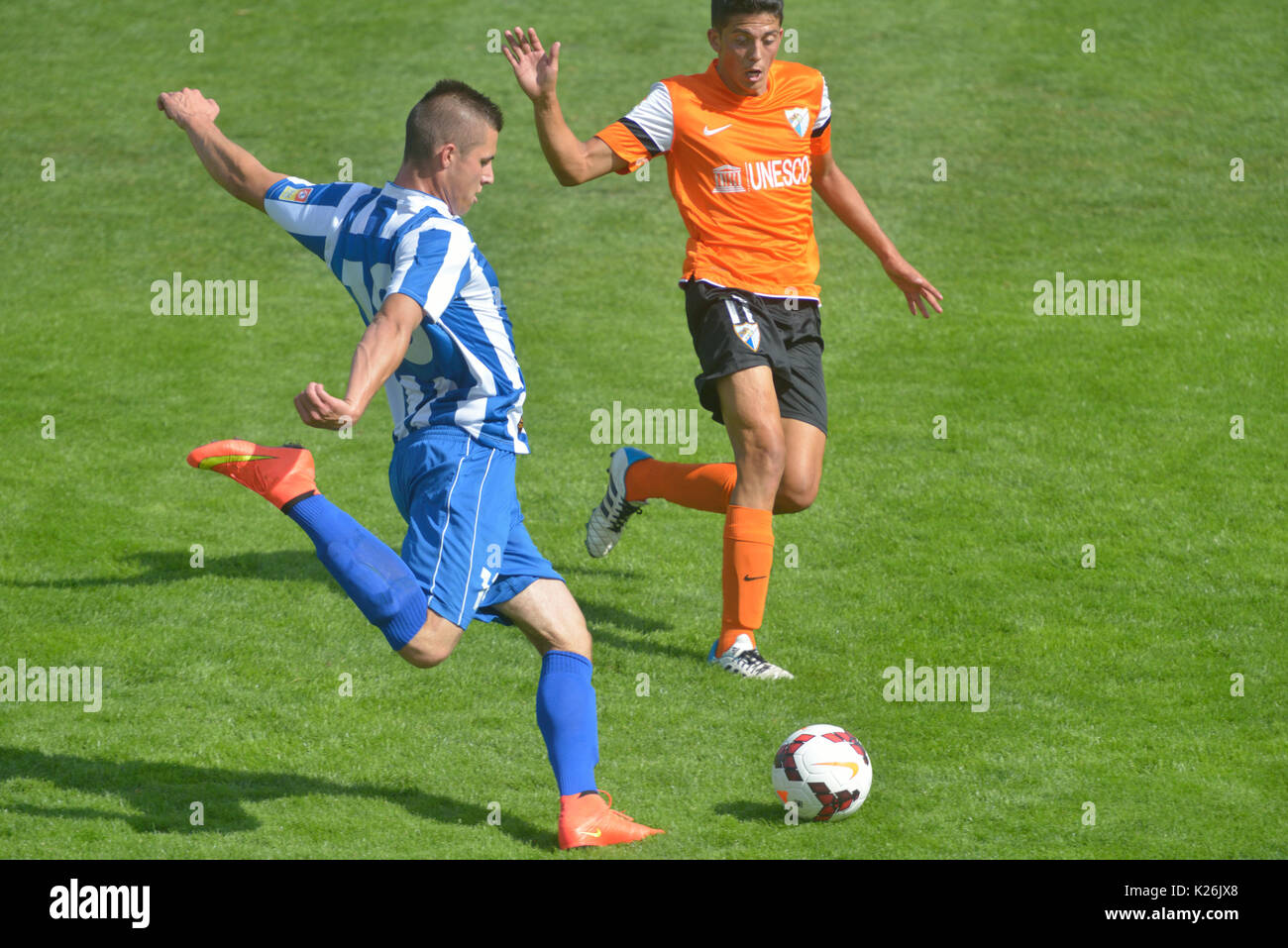 Moskau, Russland - Juli 21, 2014: Match OFK, Serbien - Málaga, Spanien während des Lev Yashin VTB-Cup, das internationale Turnier für U21-Fußball-Teams. Ma Stockfoto