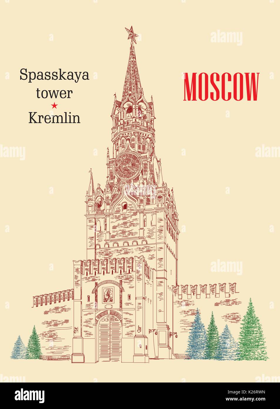 Spasskaja Turm der Kreml bunte Vektor hand Zeichnung Abbildung auf beigem Hintergrund isoliert Stock Vektor