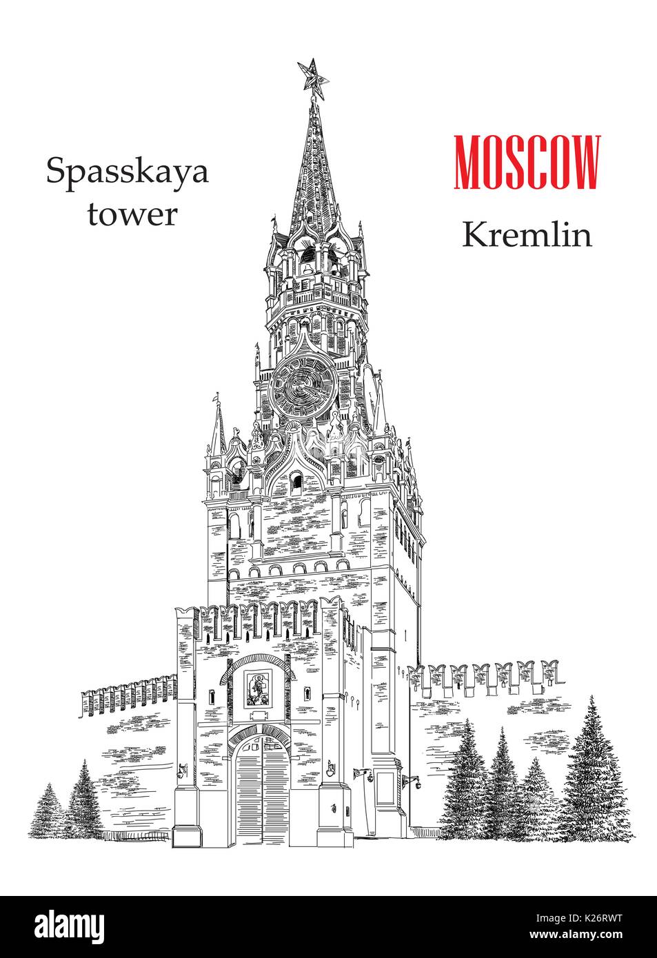 Spasskaja Turm der Kreml Vektor hand Zeichnung Abbildung auf weißem Hintergrund Stock Vektor