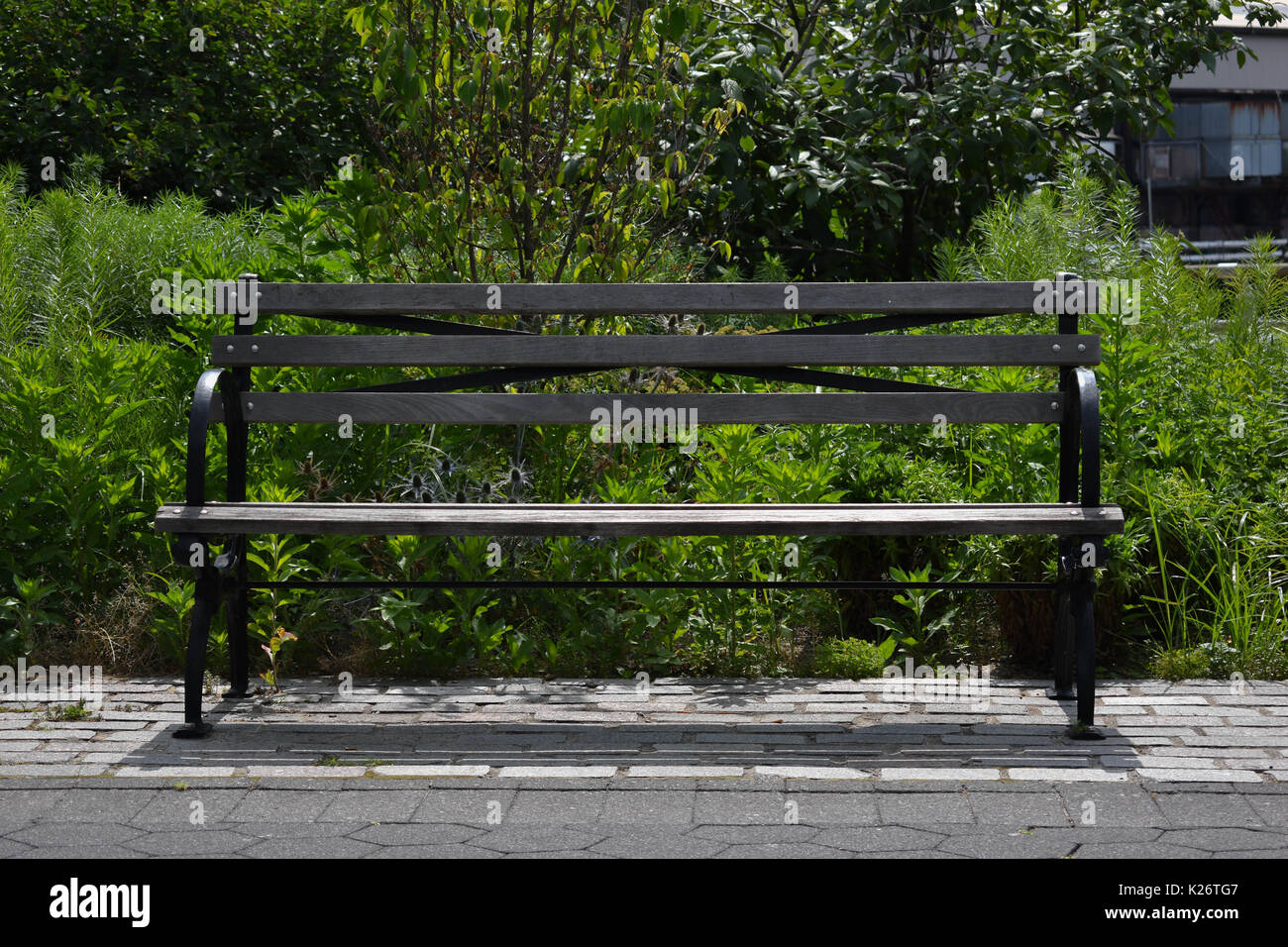 Eine Bank in den Hudson River Park in New York City. Stockfoto