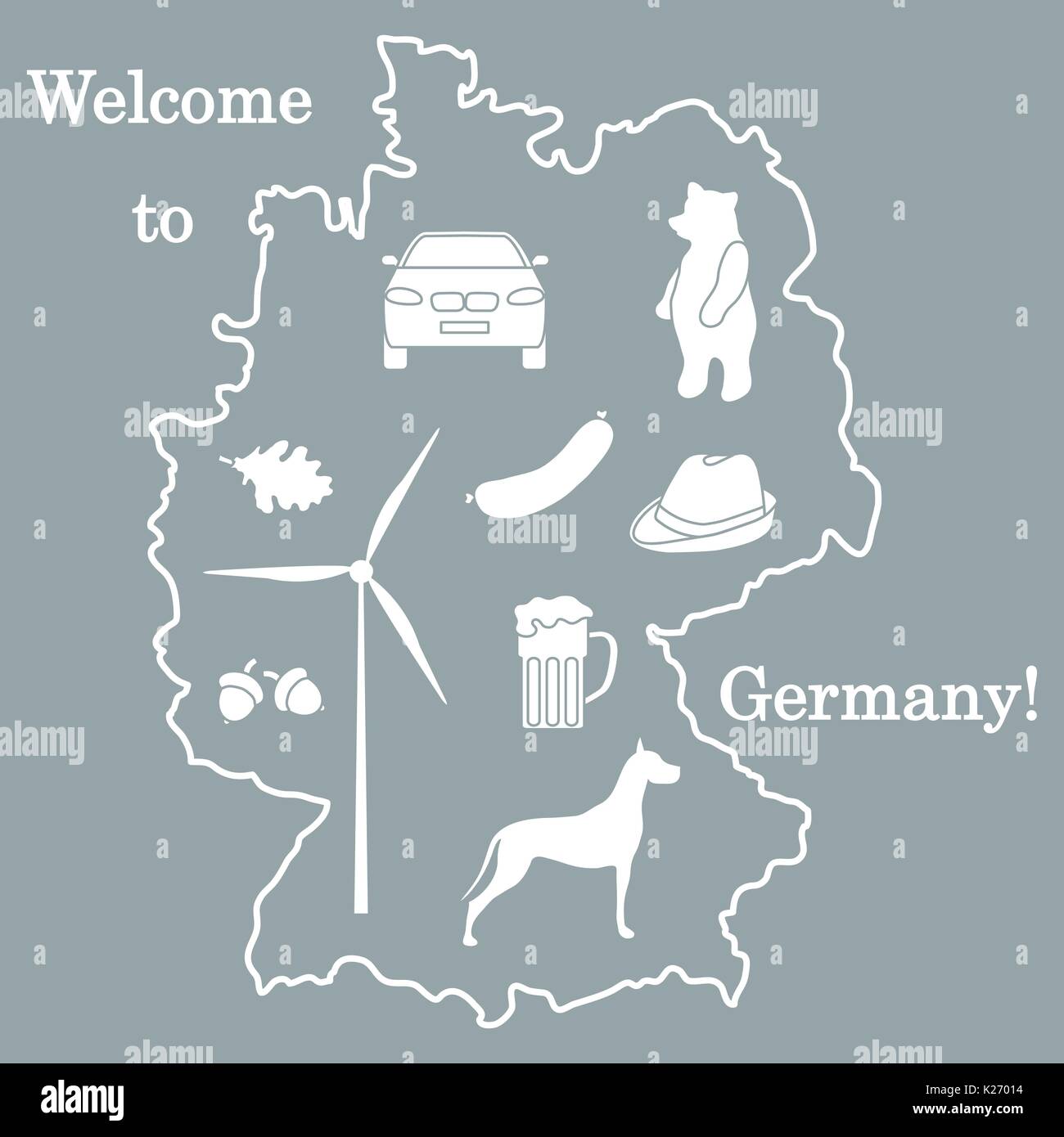 Vector Illustration mit verschiedenen Symbolen in Deutschland. Reisen und Freizeit. Design für Banner, Poster oder Drucken. Stock Vektor