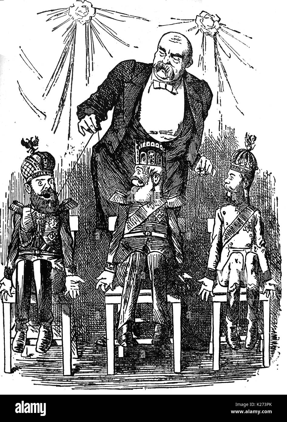 Politische Karikatur zeigt Otto von Bismarck als Puppet Master Steuerung der Kaiser von Österreich, Deutschland & Russland handeln Stockfoto