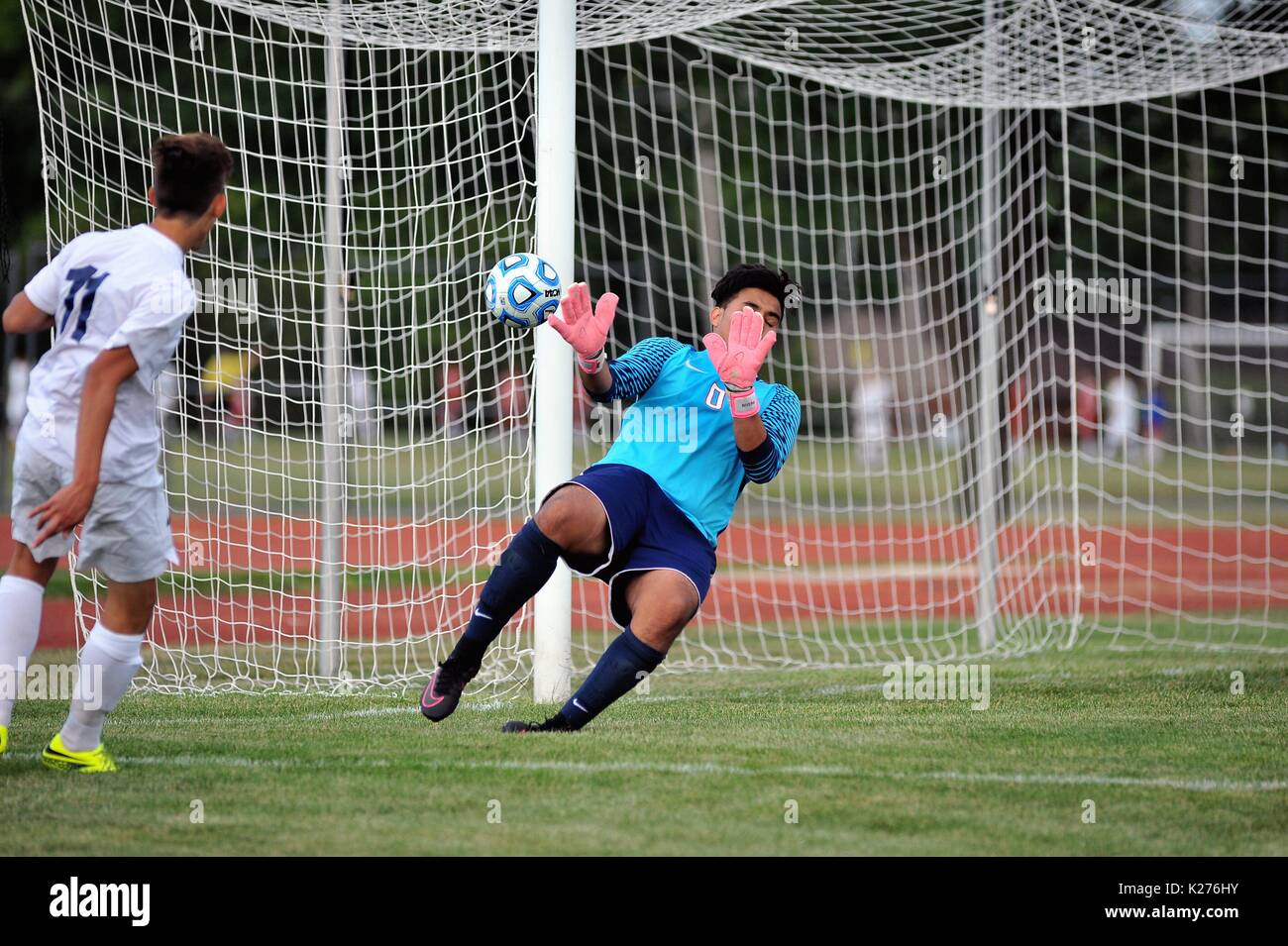 Keeper beginnt eine tauchen Sie Winkel auf einer kurzen Strecke Schuß zu schneiden. USA. Stockfoto