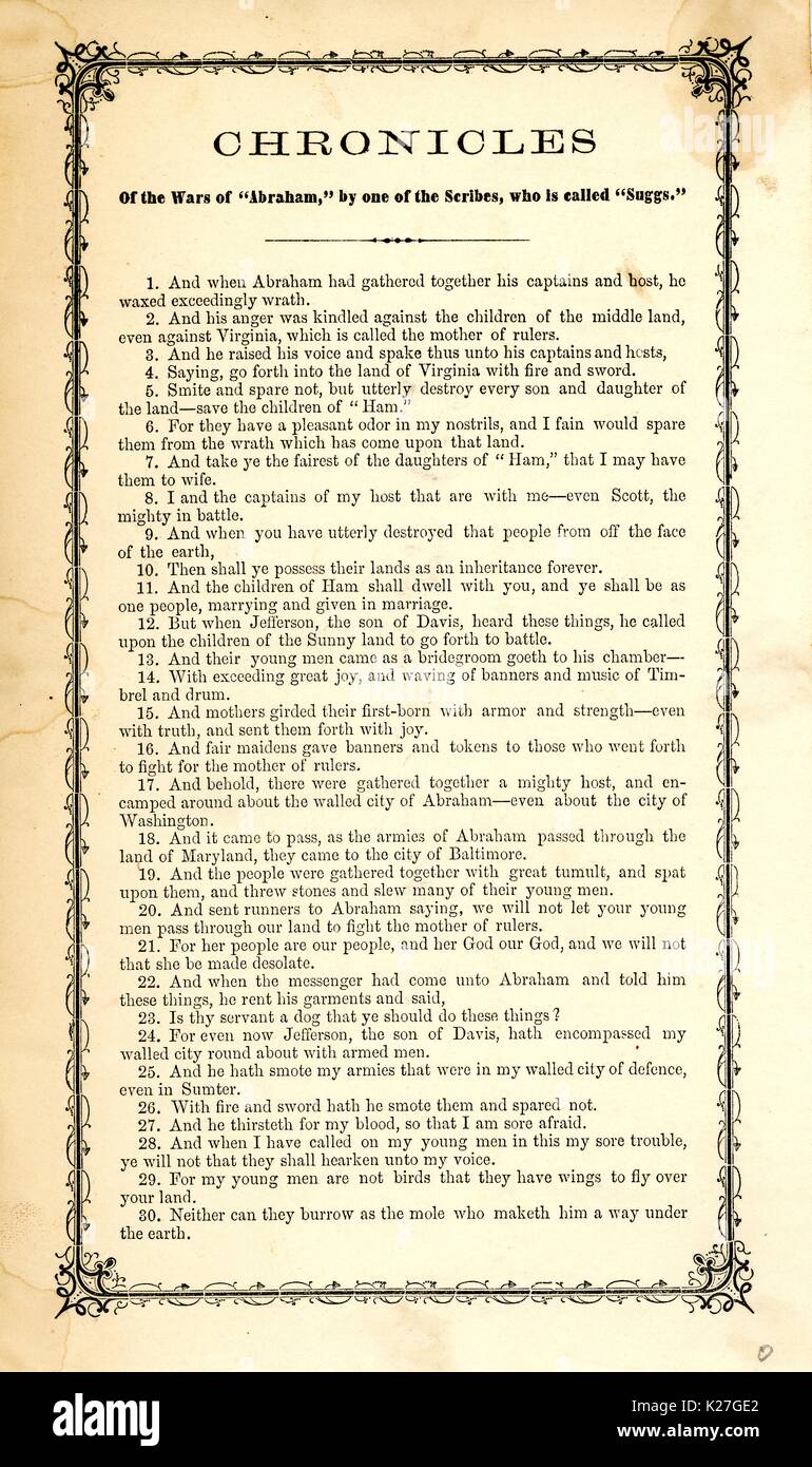 Breitseite aus dem Amerikanischen Bürgerkrieg mit dem Titel "Chronik der Kriege der 'Abraham', die von einer von den Schriftgelehrten, die von Oh' heißt ', abschätzig von Lincoln Administration. 1863. Stockfoto