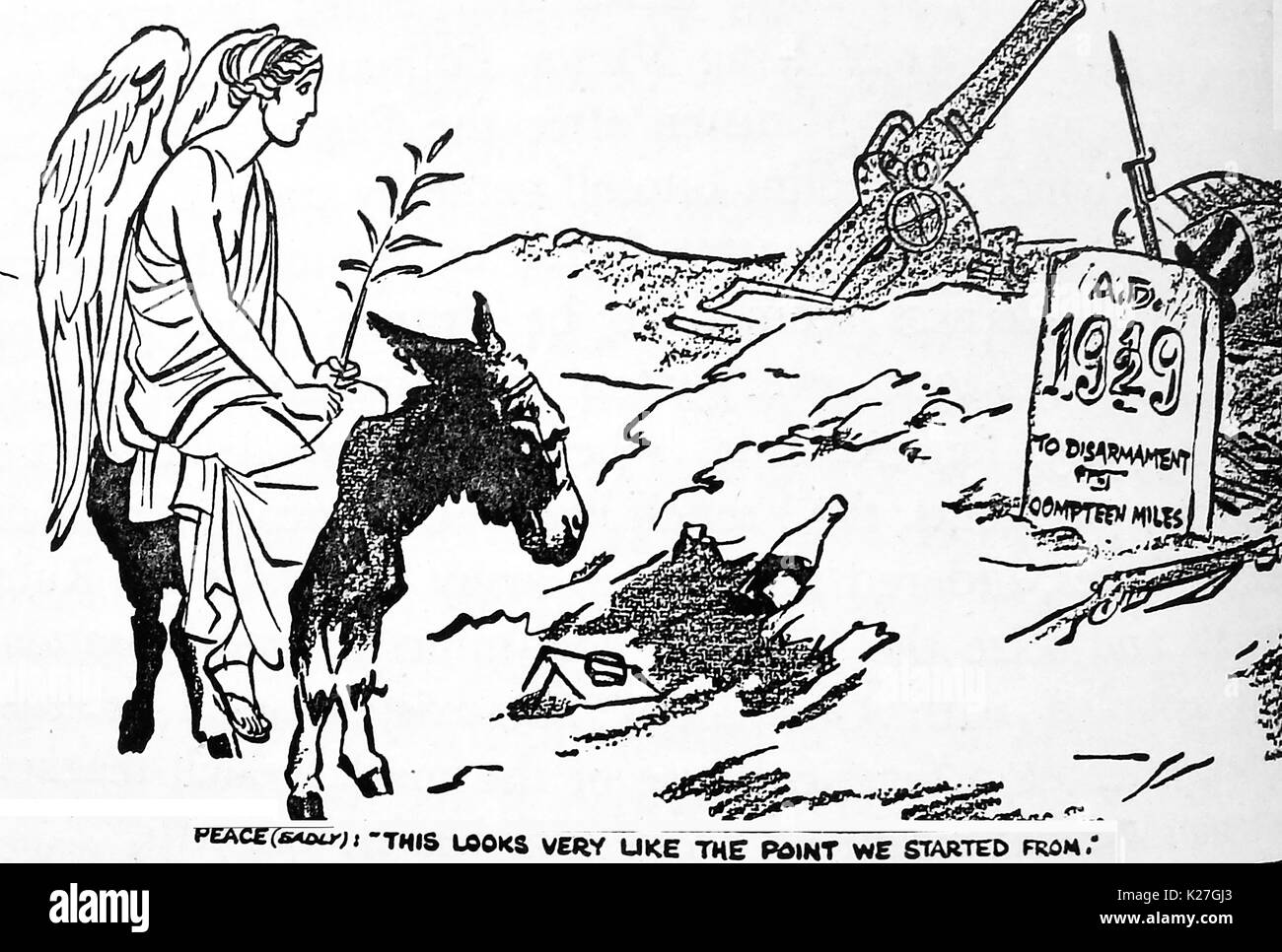 1929 - Politische Karikatur spiegelt die Deja-vu Element der Abrüstung spricht, zeigt die Abbildung des Friedens auf einem Esel Stockfoto