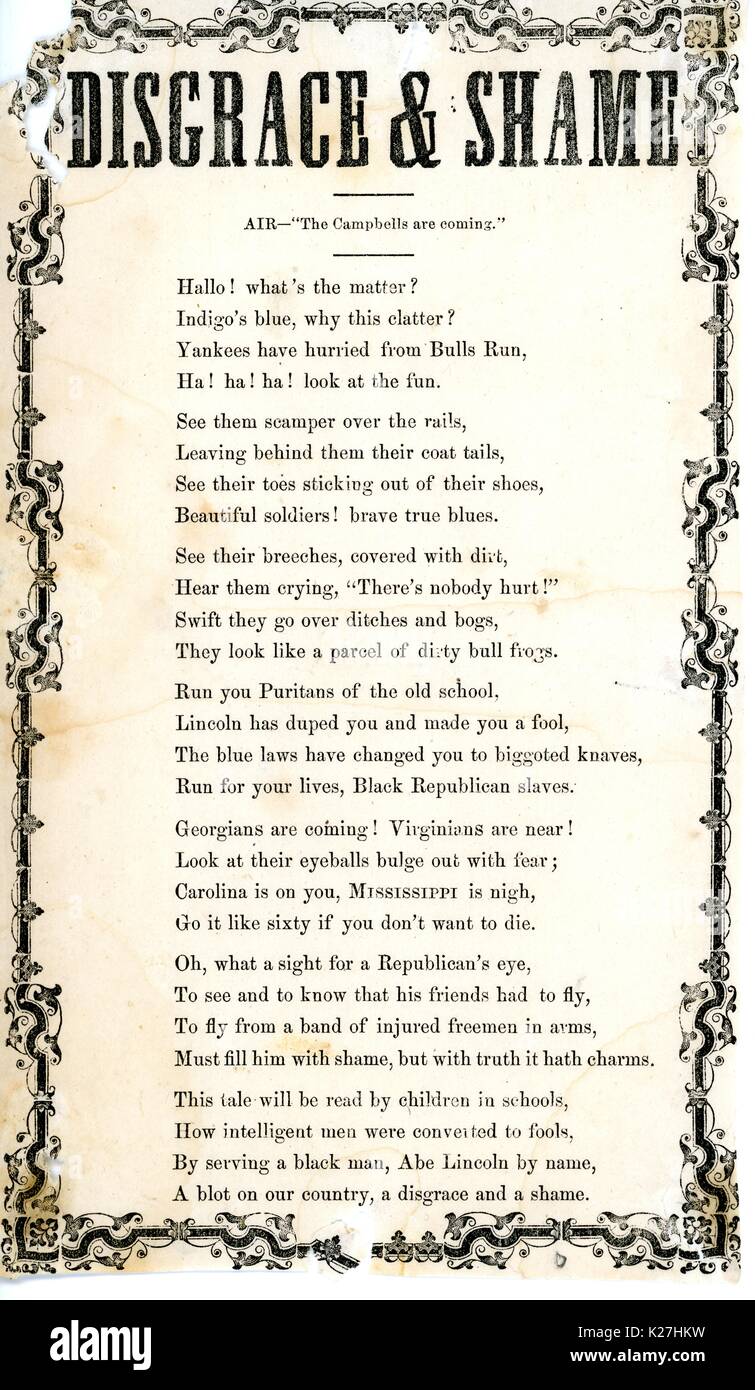 Breitseite aus dem amerikanischen Bürgerkrieg, mit dem Titel "isgrace und Schande", feiert den Sieg der Konföderierten in der ersten Schlacht von Bull Run, Abraham Lincoln eine Schande und Scham, 1861. Stockfoto