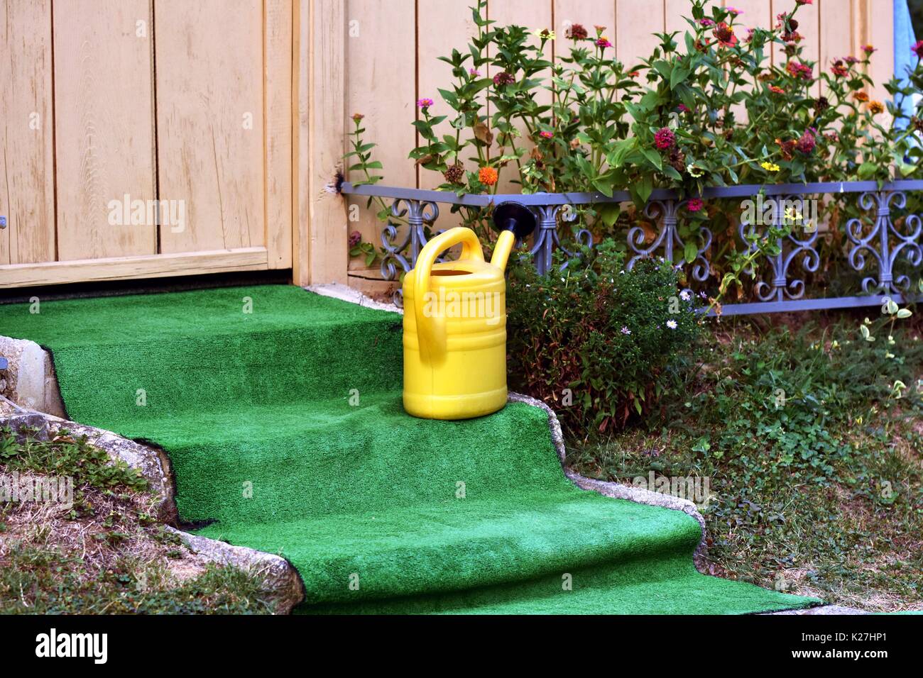 Gelbes wasser Schaufel auf steinstufen Cottage vorne Stockfoto