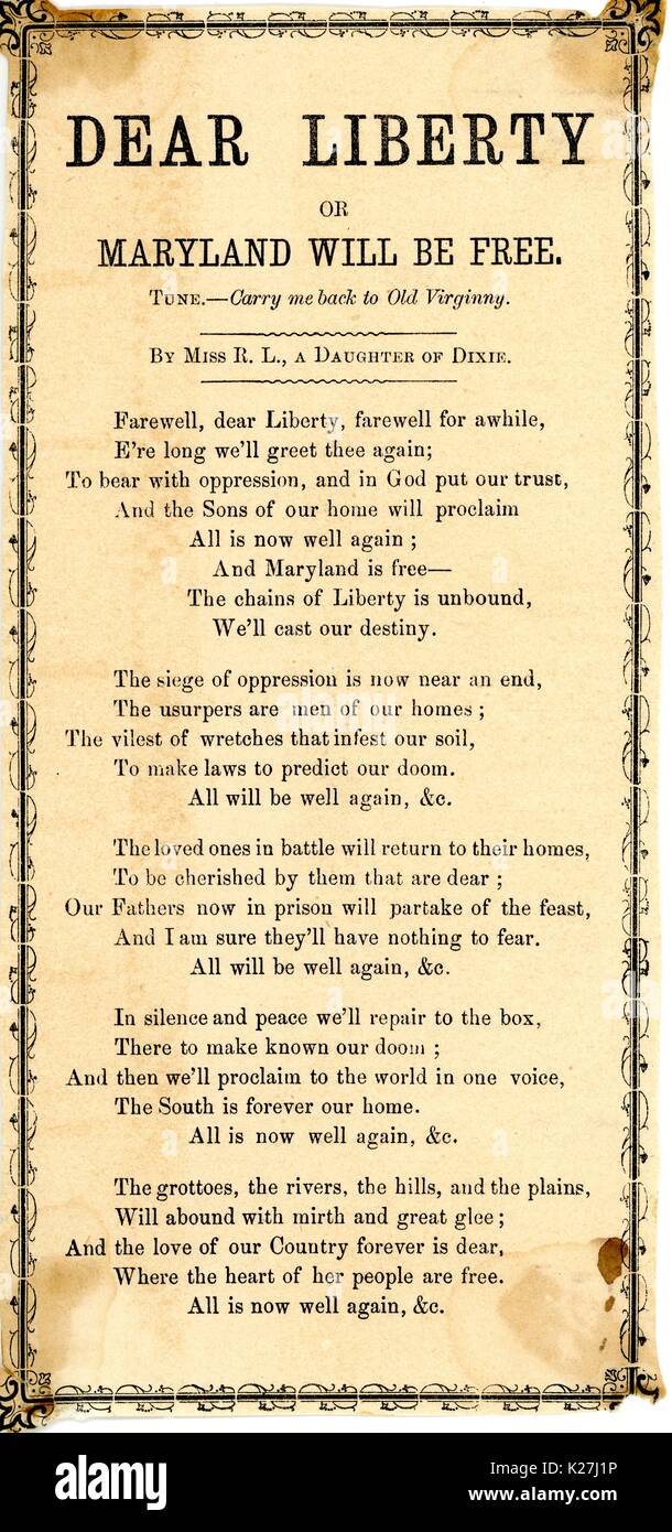 Breitseite aus dem amerikanischen Bürgerkrieg, mit dem Titel "das Ohr oder die Freiheit Maryland wird frei sein,', die für den Tag der Krieg vorbei und Maryland ist von der Tyrannei der Union, Maryland, USA, 1862 frei. Stockfoto