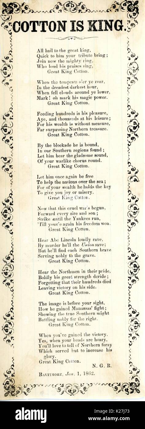 Breitseite aus dem amerikanischen Bürgerkrieg, der den Titel "Baumwolle ist der König, "Eintreten für die Freiheit der Südstaaten aus der Union in das Bild eines siegreichen großer König Baumwolle, Baltimore, Maryland, 1862. Stockfoto
