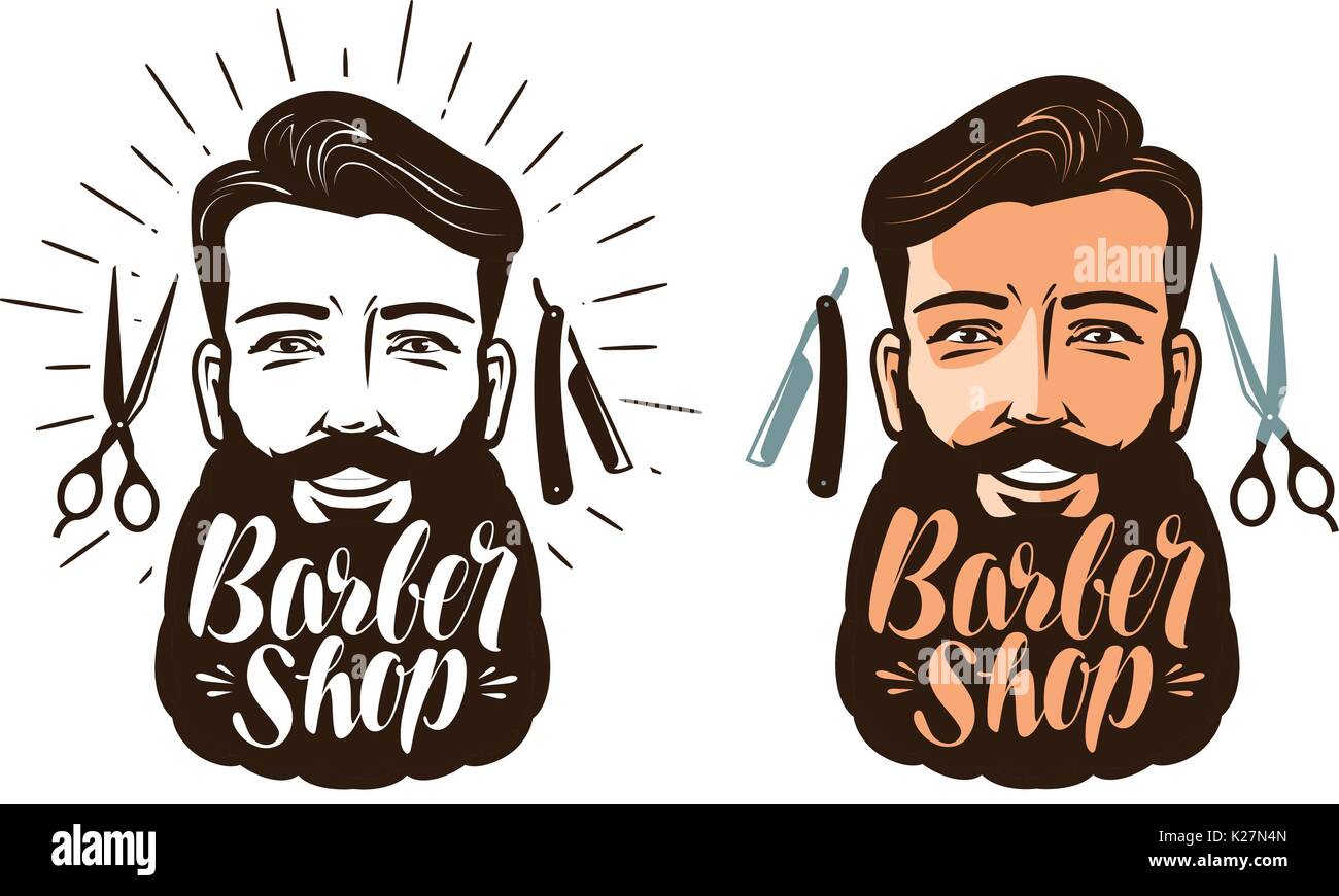 Friseur Logo oder Label. Portrait von glücklichen Mann mit Bart, der Coolness. Schriftzug Vector Illustration Stock Vektor