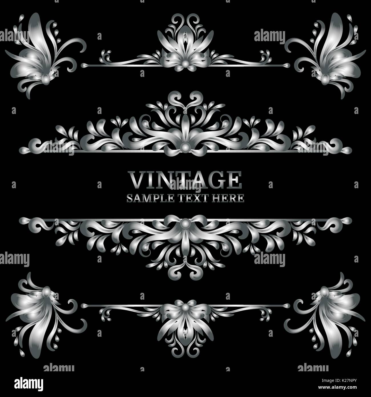 Silber Vintage Dekorationen Elemente. Blüht kalligraphische Ornamente und Frames. Retro Stil Stock Vektor