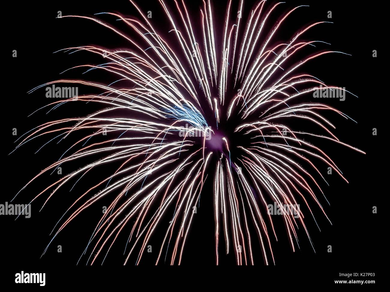 Eine Antenne Feuerwerk explodiert mit einem hellen Streifen von Schießpulver in einer pyrotechnischen Vorrichtung, in einen dunklen Himmel, ist der Hintergrund für diese ästhetische Anzeige erschossen wurde erstellt. Stockfoto