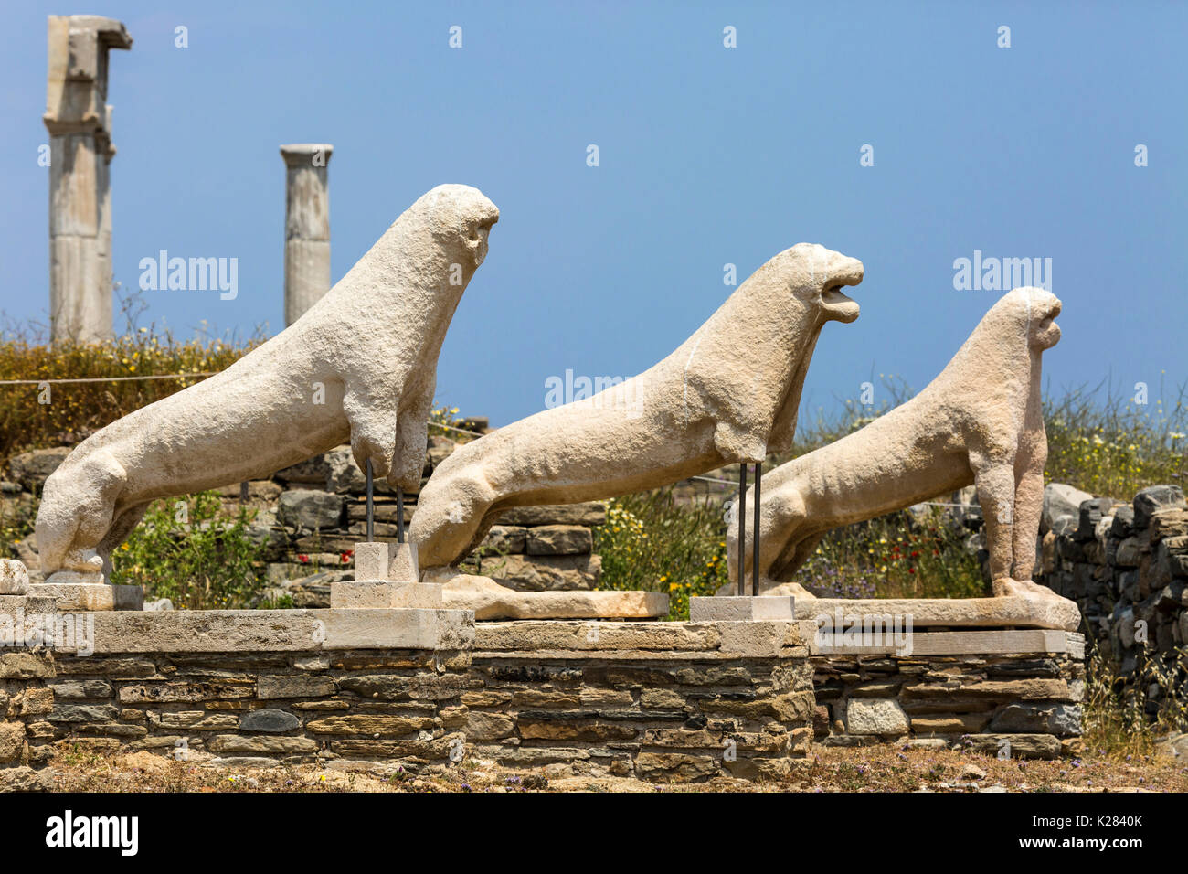 Die Terrasse der Löwen Teil des umfangreichen antiken Ruinen auf der Insel Delos, Griechenland. Stockfoto