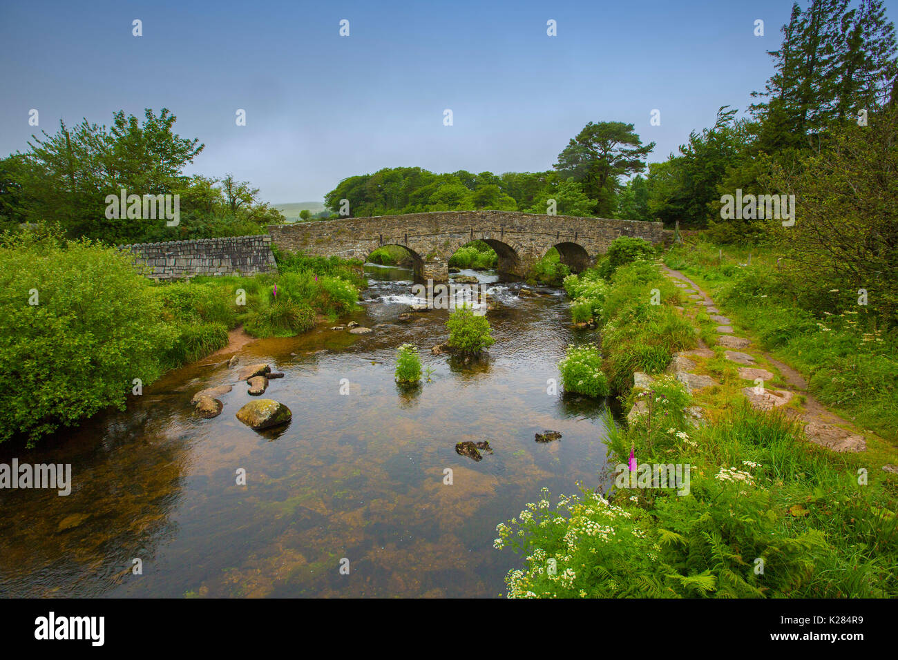 Weltkulturerbe 18. Jahrhundert gewölbten Steinbrücke über die East Dart, Nebenfluss des Flusses Dart, in der Nähe der Ortschaft Postbridge, Dartmoor National Park, England Stockfoto