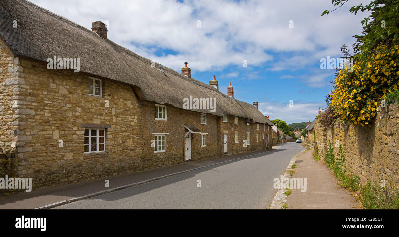 Panoramablick auf die Reihe der strohgedeckten Steinhäusern im historischen Dorf Abbotsbury, Dorset, England unter blauen Himmel Stockfoto