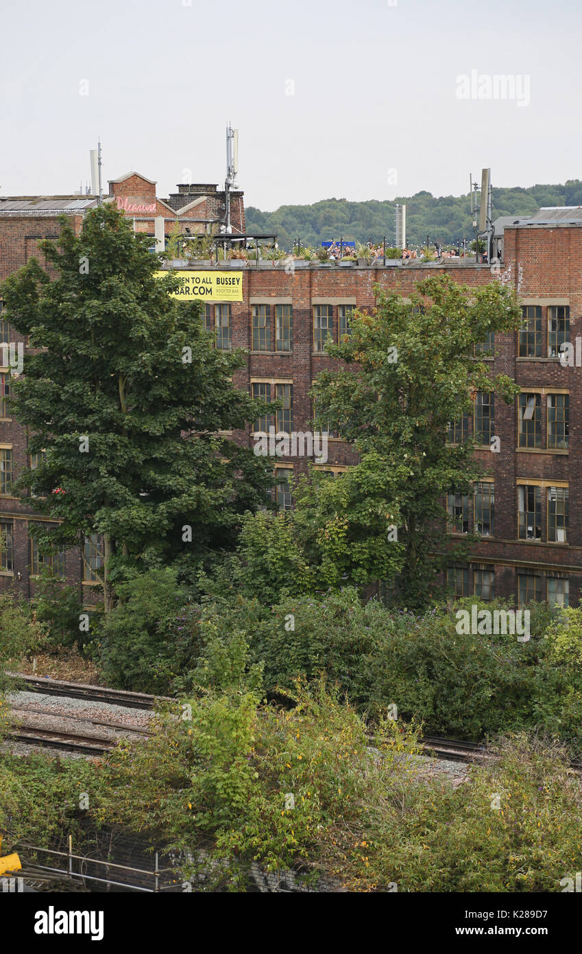 Peckham's berühmten bussey Gebäude, London, UK, einem ehemaligen viktorianischen Fabrik heute Heimat von Künstlern, Musik, Dach, Bars und ein Open-Air-Kino Stockfoto