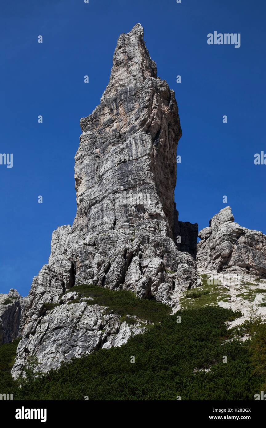 Val Montanaia Glockenturm, Dolomiten, Friaul, Cimolais, Pordenone, Friaul, Italien. Stockfoto