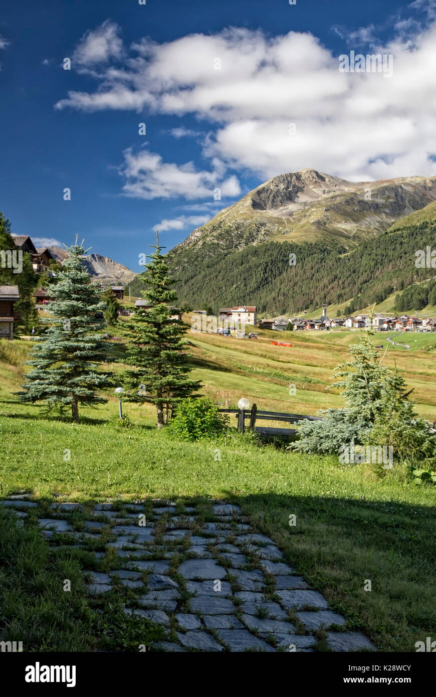 Alte zufällig verteilte Stein Pfad auf dem Boden mit hohen, grünen Bäumen und Berg mit Stadt weit in der Ferne Stockfoto