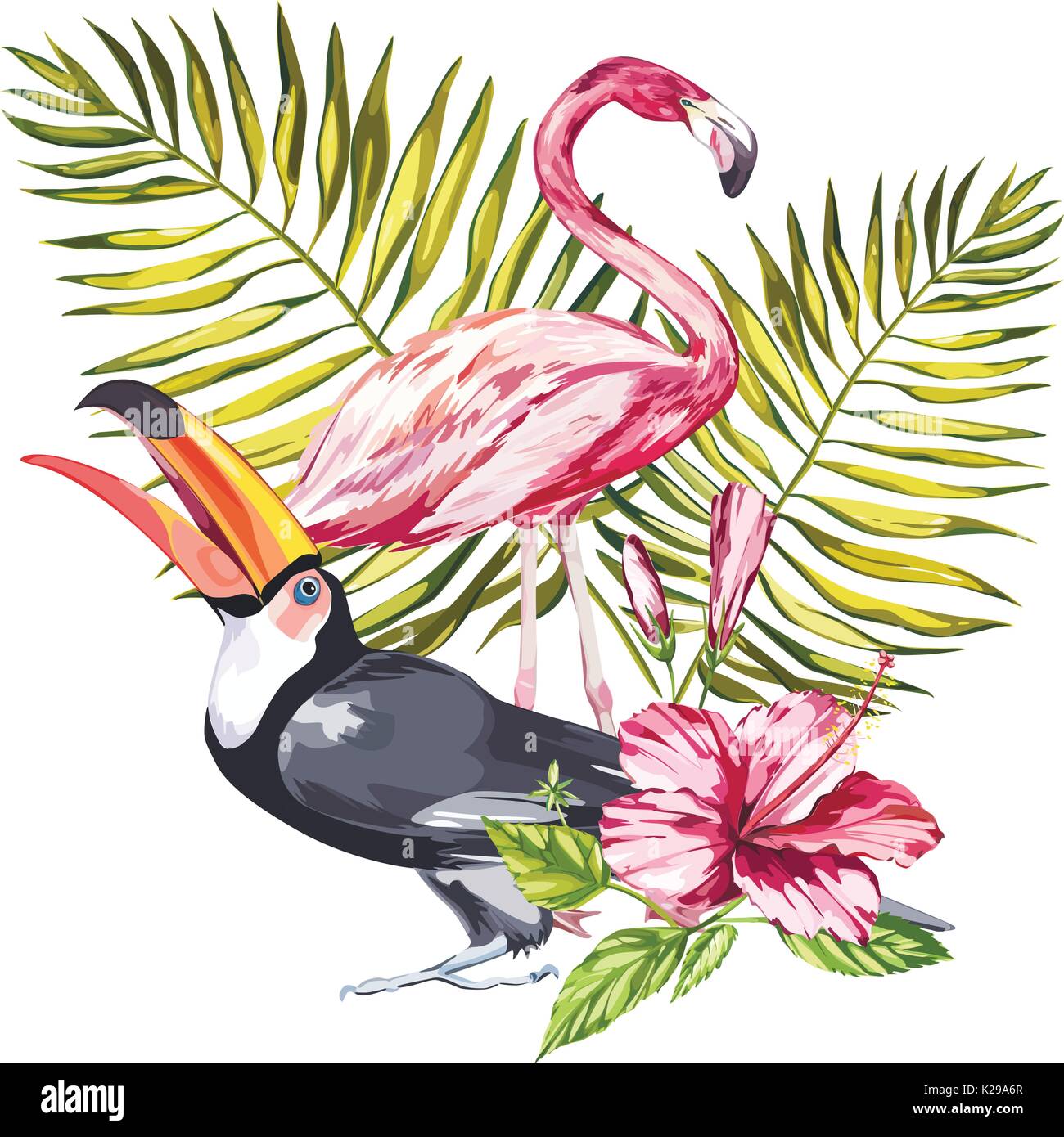 Toucan und Flamingo mit tropischen Blumen und Blätter. Element für die Gestaltung von Einladungen, Filmplakate, Stoffen und anderen Objekten. Auf weiß isoliert. Stock Vektor