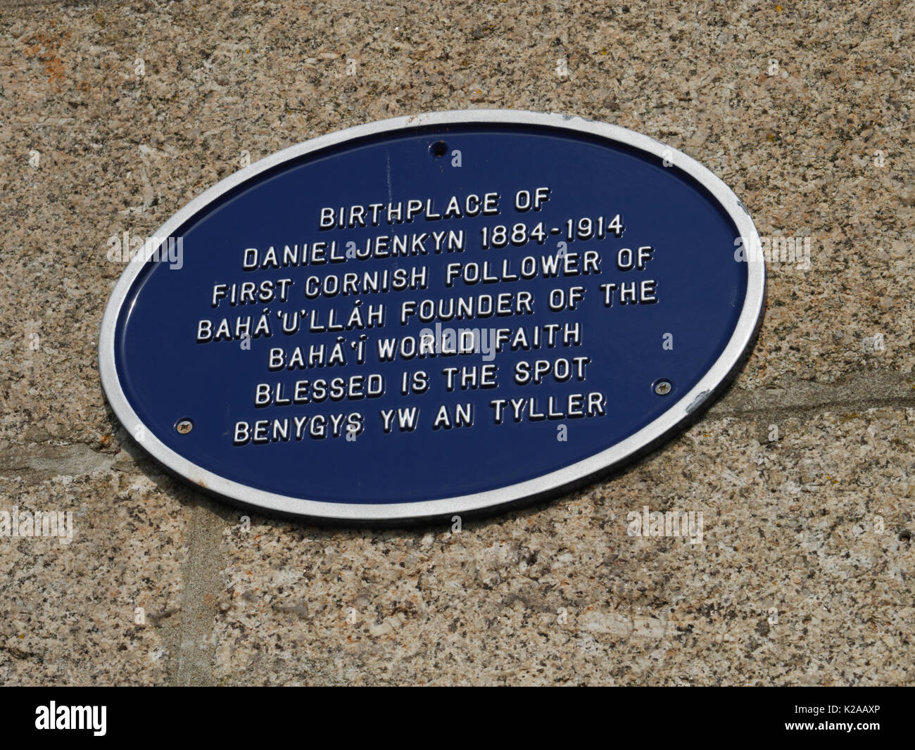 Blaue Plakette auf der Geburtsort von Daniel Jenkin, der erste Cornish konvertieren, um die Baha'i-Glauben, in St Ives, Cornwall. Stockfoto