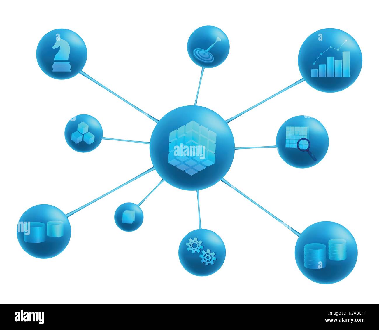 Business Intelligence Elemente: Datenquellen, Datawarehouse, ETL, OLAP-Würfel, Data Marts, Data Mining, Analyse, Entscheidungsfindung, Ziele. Business i Stock Vektor