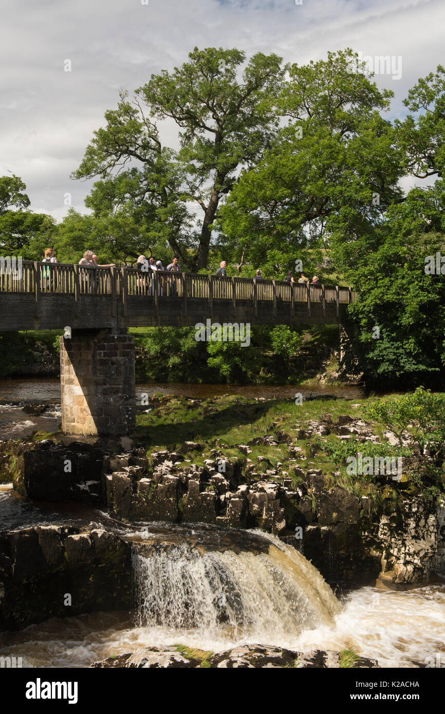 Überqueren von & über holzsteg am sonnigen, Scenic Linton fällt Wasserfall über River Wharfe, Grassington, Yorkshire Dales, England, UK. Stockfoto