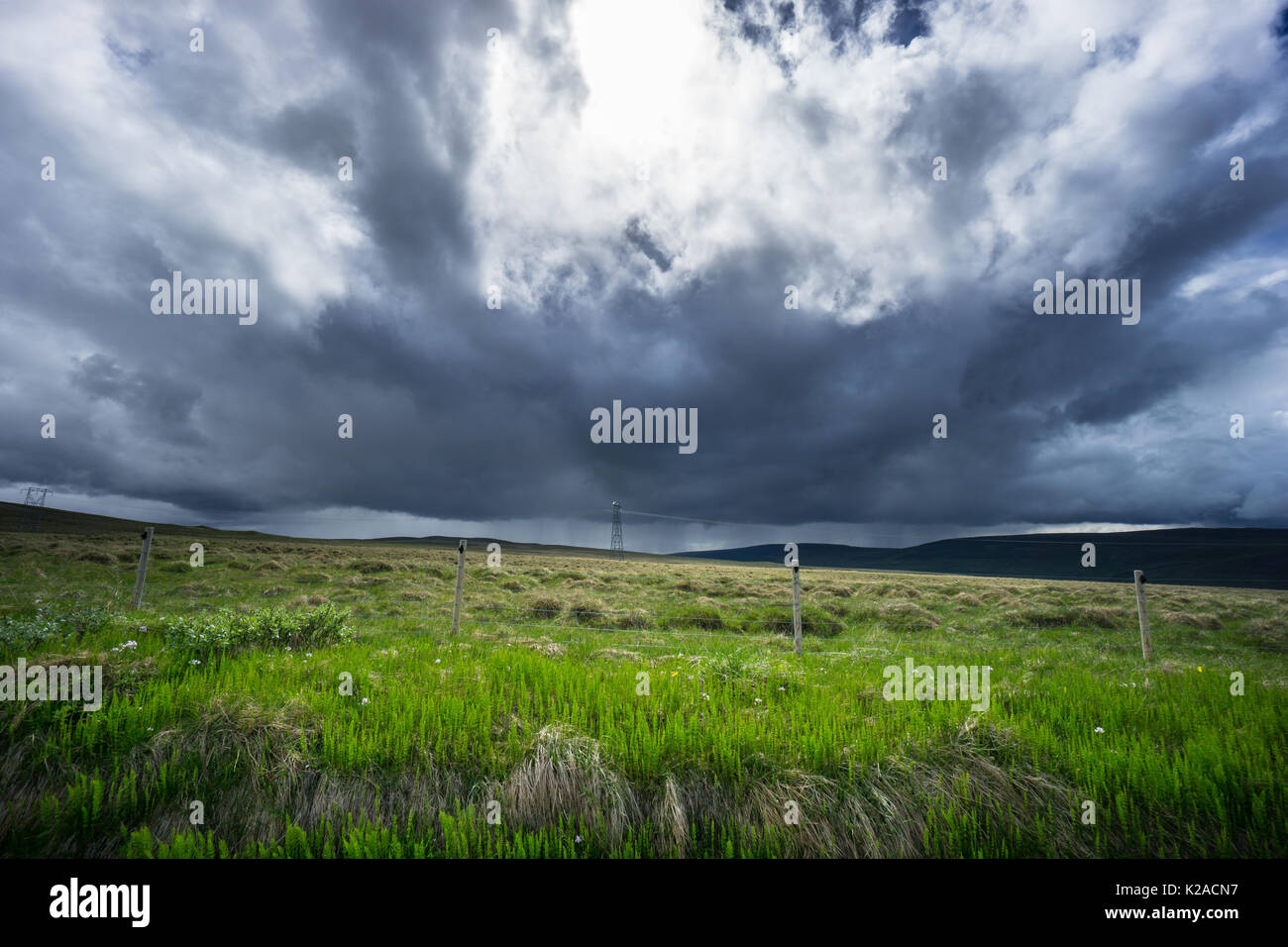 Island - Dunkle Regenwolken mit Gewitter über grüne Wiesen mit Sun Stockfoto