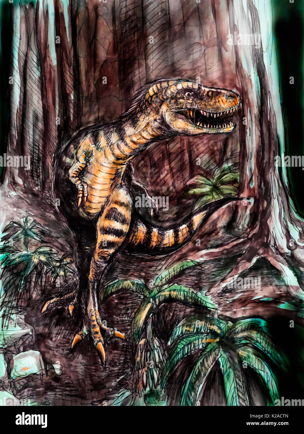 Tyrannosaurus Rex zu Fuß durch den Wald Stockfoto