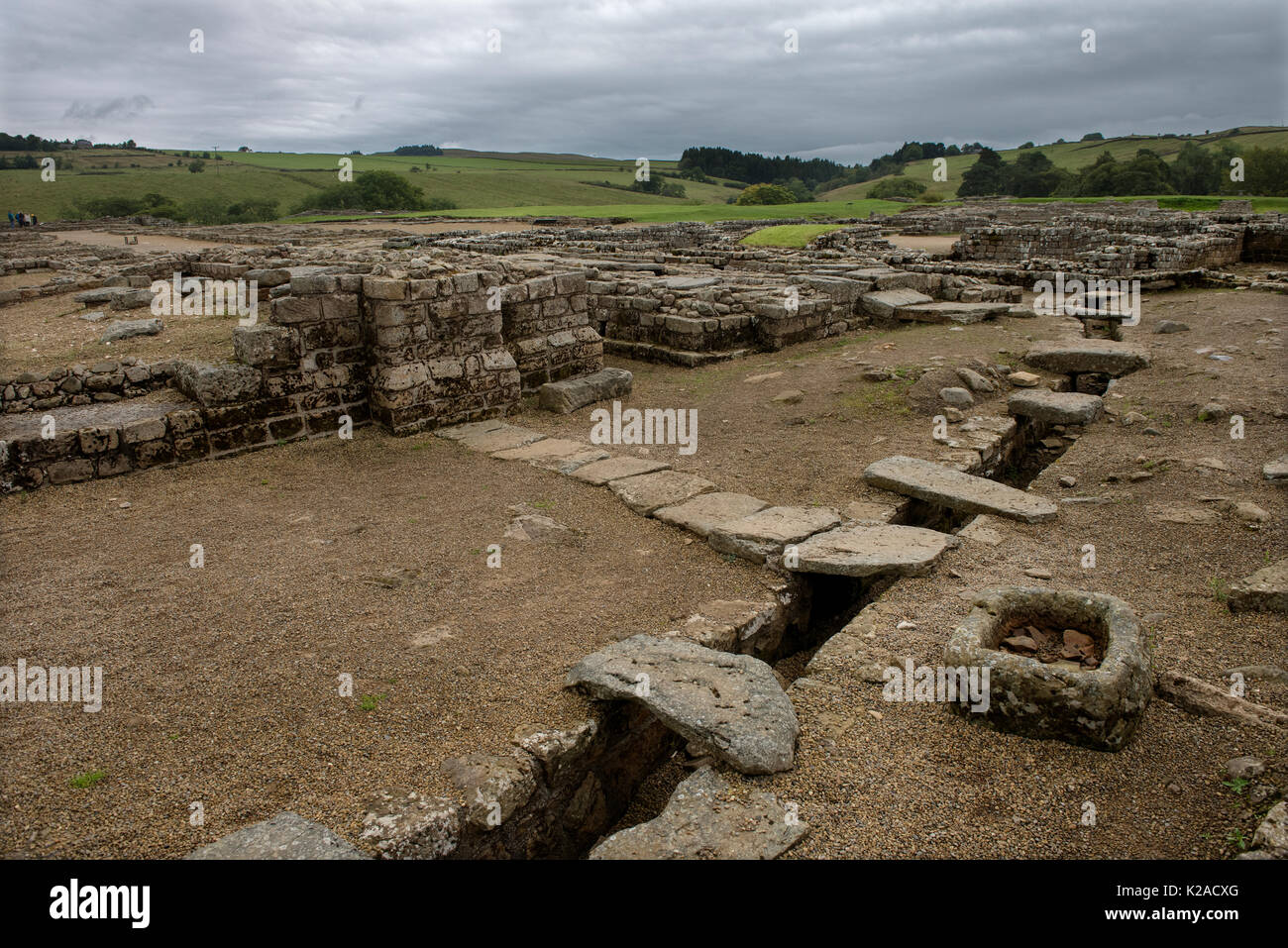 Vindolanda auf Hadrian's Wall, Northumberland, England. August 2017: Vindolanda Roman Fort sah es die erste römische Siedlung zwischen AD 74 und AD 85. Ther Stockfoto