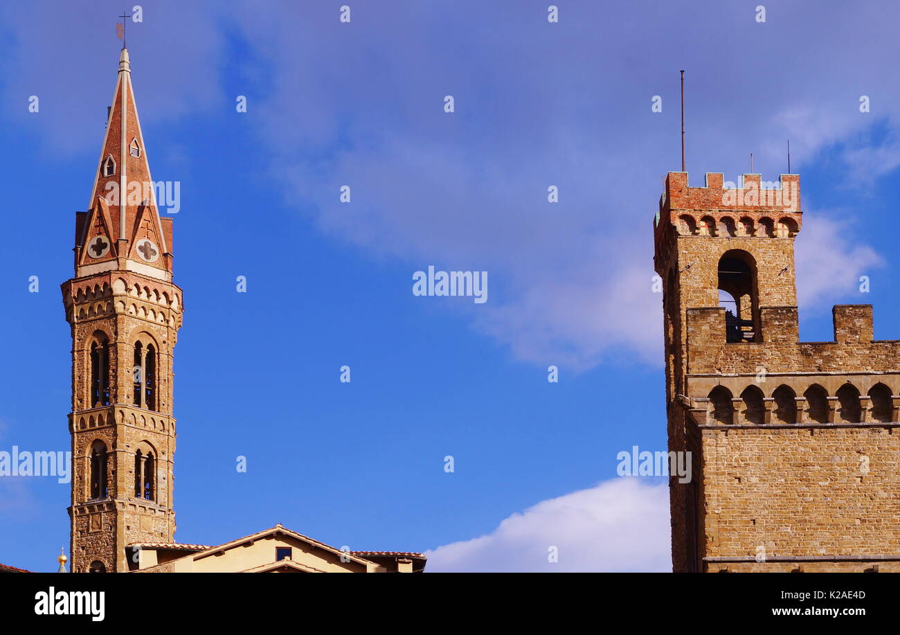 Palazzo Bargello Turm und Badia Fiorentina Belltowe, Florenz, Italien Stockfoto