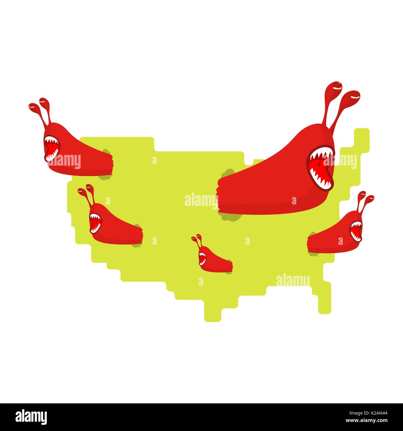 Red kommunistische Würmer essen Karte USA. Schädlinge in Amerika. Parasiten in den Vereinigten Staaten Stock Vektor