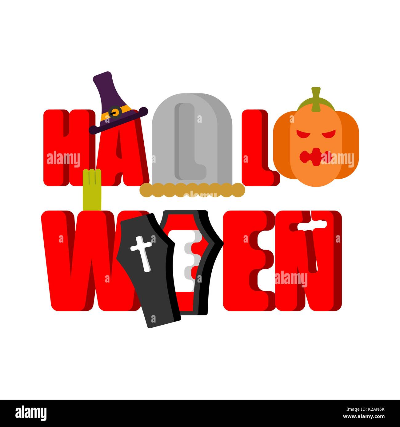 Halloween logo Schriftzug. Grabsteine und Sarg. Hut Hexe und Kürbis. Typografie für Urlaub Stock Vektor