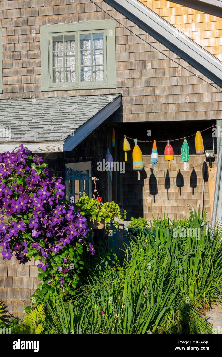 USA Maine ICH Monhegan Island ein Holz geschuppt Cottage mit Hummer schwimmt Bojen als Dekoration Stockfoto