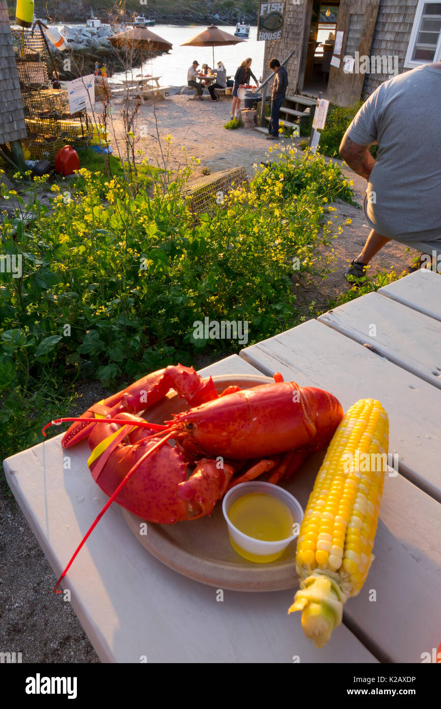 USA Maine ICH Monhegan Island Hummer mit Mais im Fish House Restaurant Fish Beach Stockfoto