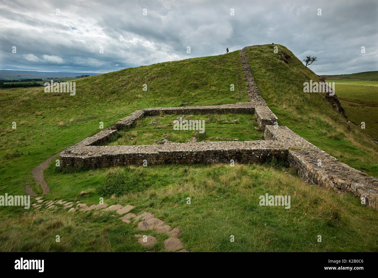 Hadrian's Wall, Northumberland, England. August 2017 Milecastle 39. Milecastle 39 liegt nordöstlich von Einmal gebraut. Der ausgegrabene Mauerwerk hat Biene Stockfoto