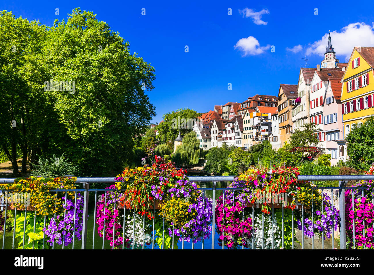 Schöne Orte von Deutschland - Bunte, mit Blumenmustern Stadt Tübingen Stockfoto