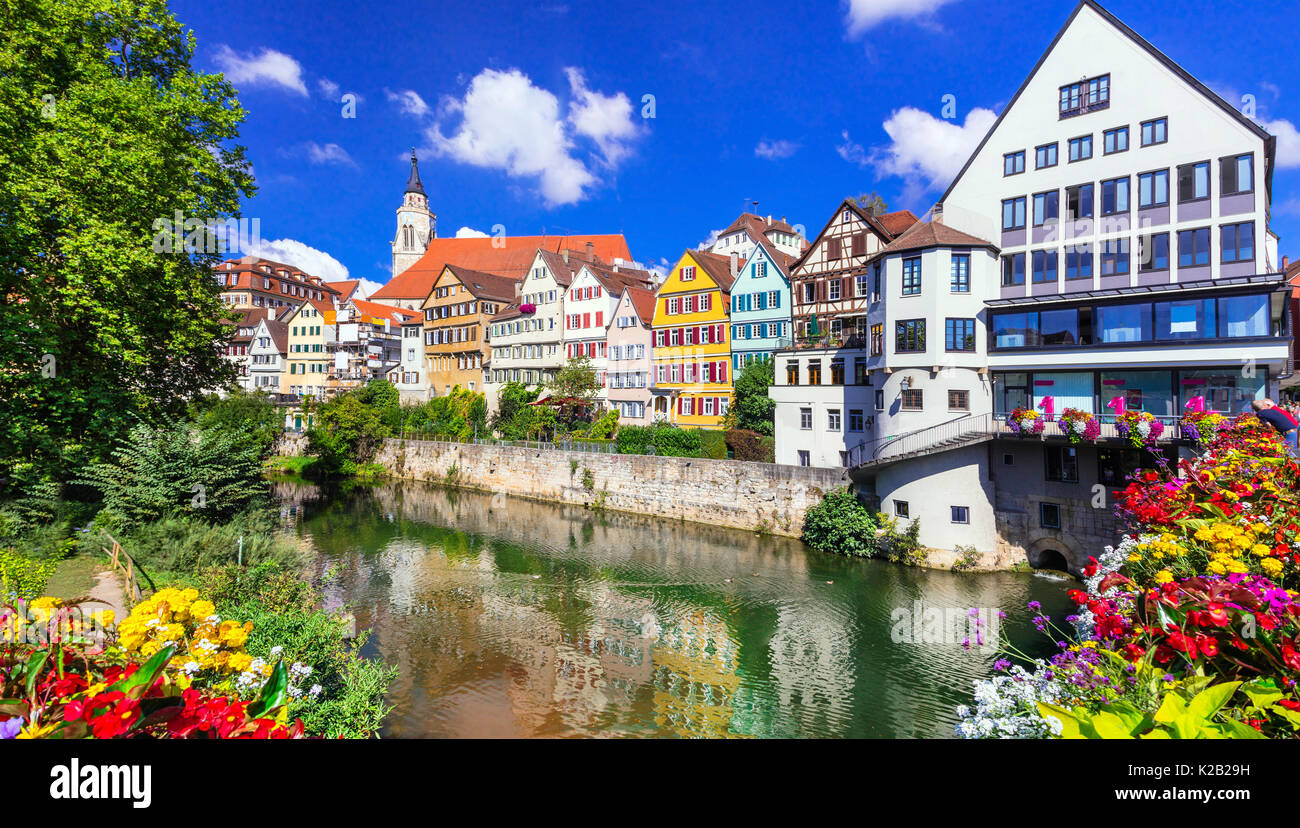 Schöne Orte von Deutschland - Bunte, mit Blumenmustern Stadt Tübingen Stockfoto